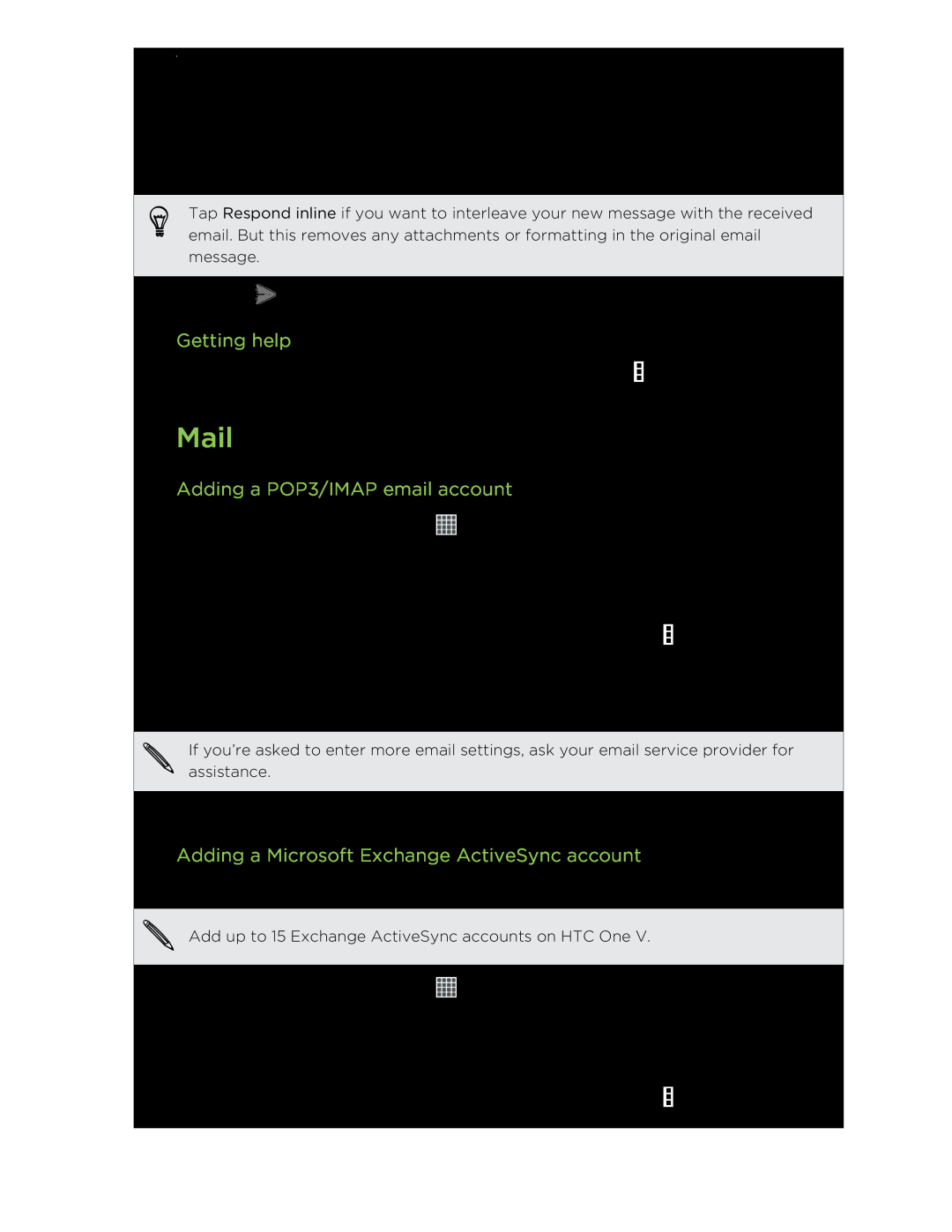 HTC C3HTCONEV4GBUNLOCKEDBLACK manual Mail, Getting help, Adding a POP3/IMAP email account 