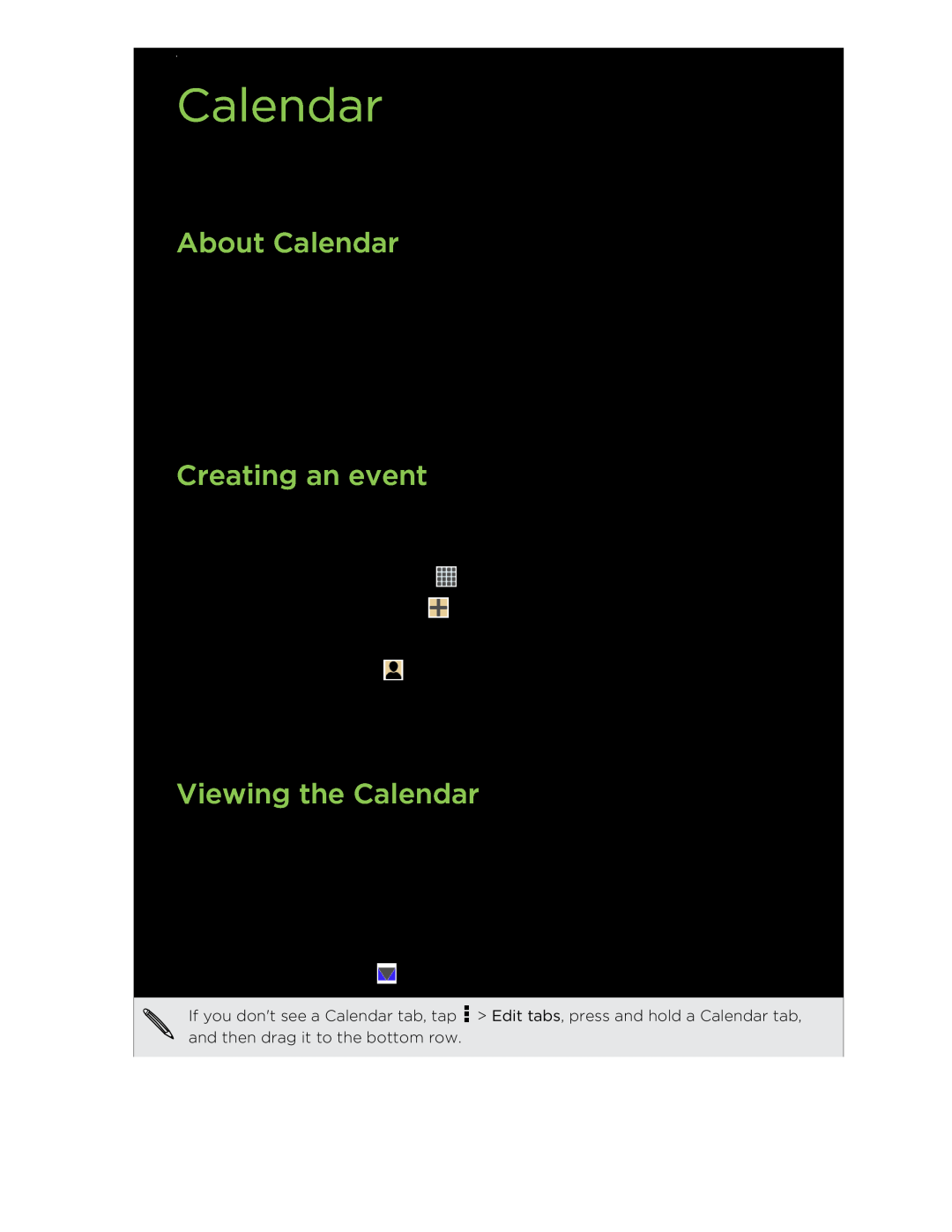 HTC C3HTCONEV4GBUNLOCKEDBLACK manual About Calendar, Creating an event, Viewing the Calendar 