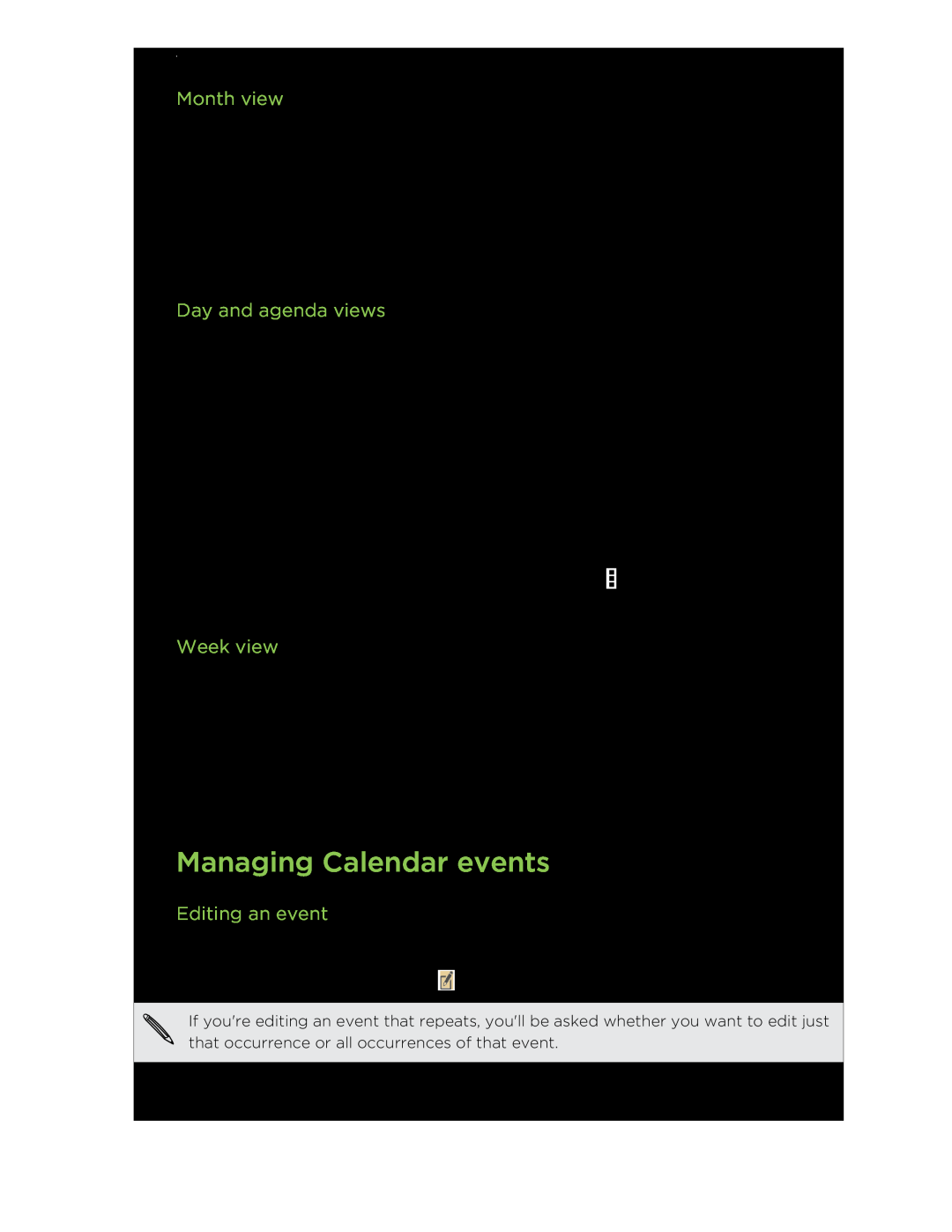 HTC C3HTCONEV4GBUNLOCKEDBLACK Managing Calendar events, Month view, Day and agenda views, Week view, Editing an event 