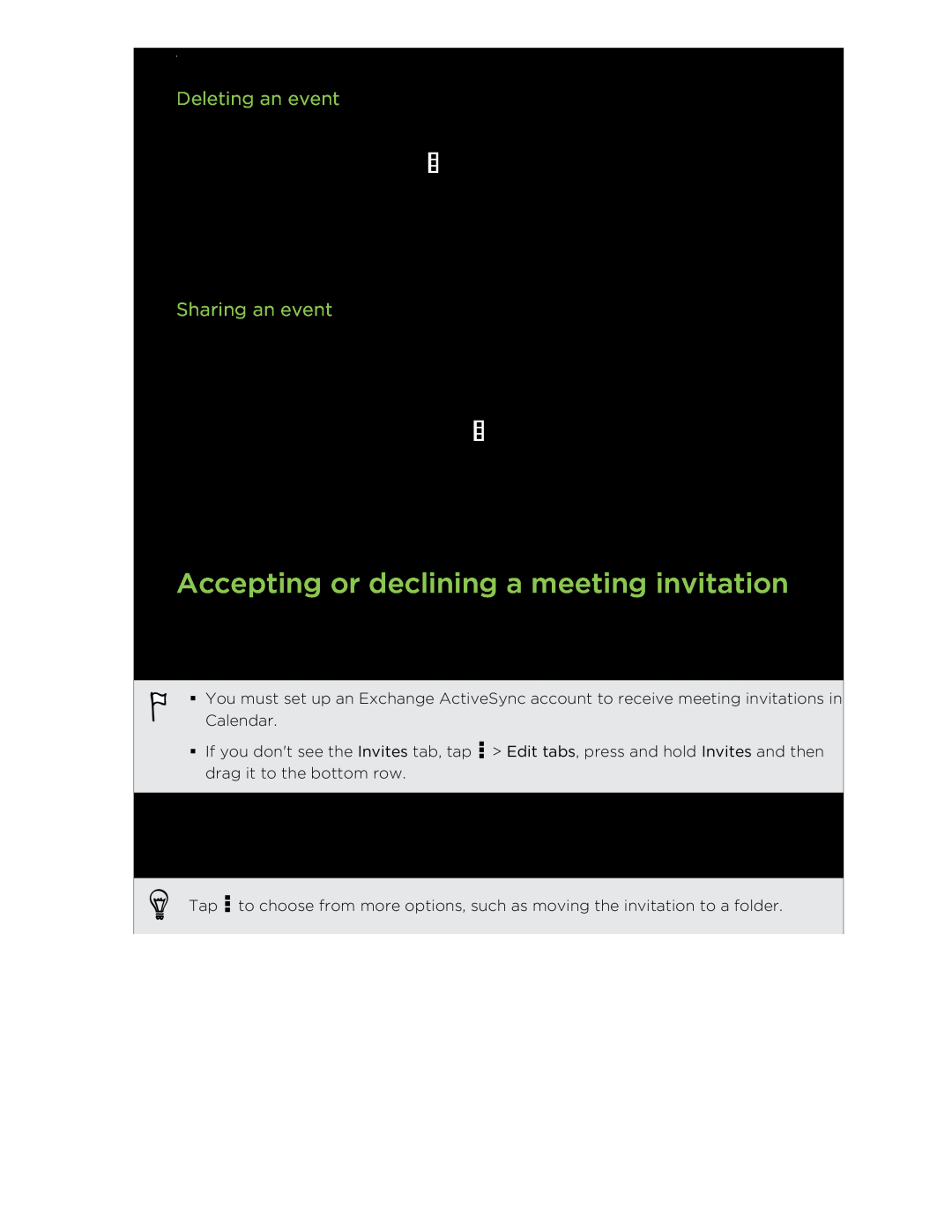HTC C3HTCONEV4GBUNLOCKEDBLACK manual Accepting or declining a meeting invitation, Deleting an event, Sharing an event 