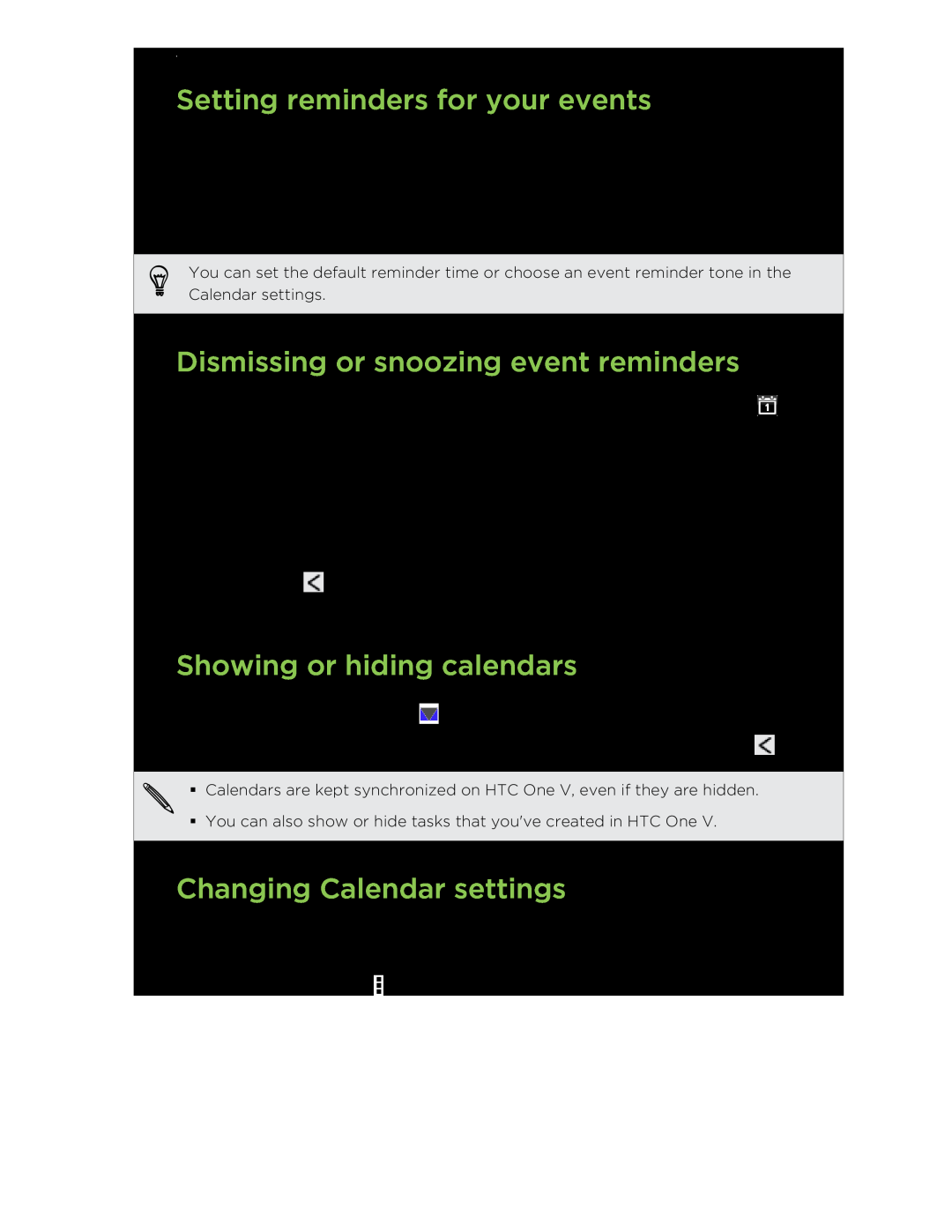 HTC C3HTCONEV4GBUNLOCKEDBLACK manual Setting reminders for your events, Dismissing or snoozing event reminders 