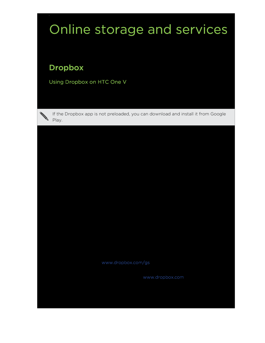 HTC C3HTCONEV4GBUNLOCKEDBLACK manual Online storage and services, Using Dropbox on HTC One 