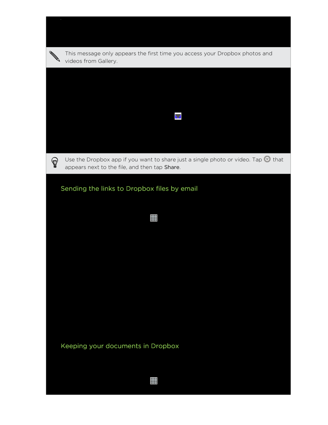 HTC C3HTCONEV4GBUNLOCKEDBLACK manual Sending the links to Dropbox files by email, Keeping your documents in Dropbox 