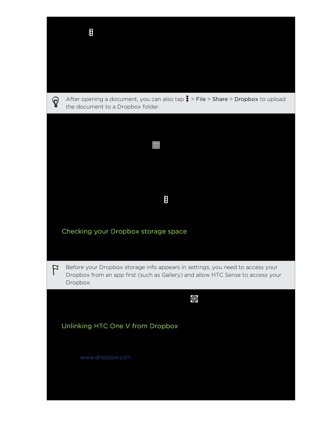 HTC C3HTCONEV4GBUNLOCKEDBLACK manual Checking your Dropbox storage space, Unlinking HTC One V from Dropbox 