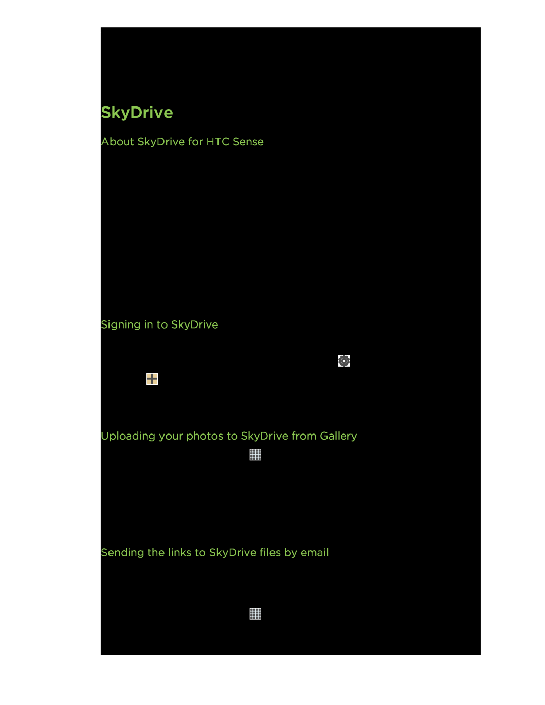 HTC C3HTCONEV4GBUNLOCKEDBLACK manual About SkyDrive for HTC Sense, Signing in to SkyDrive 