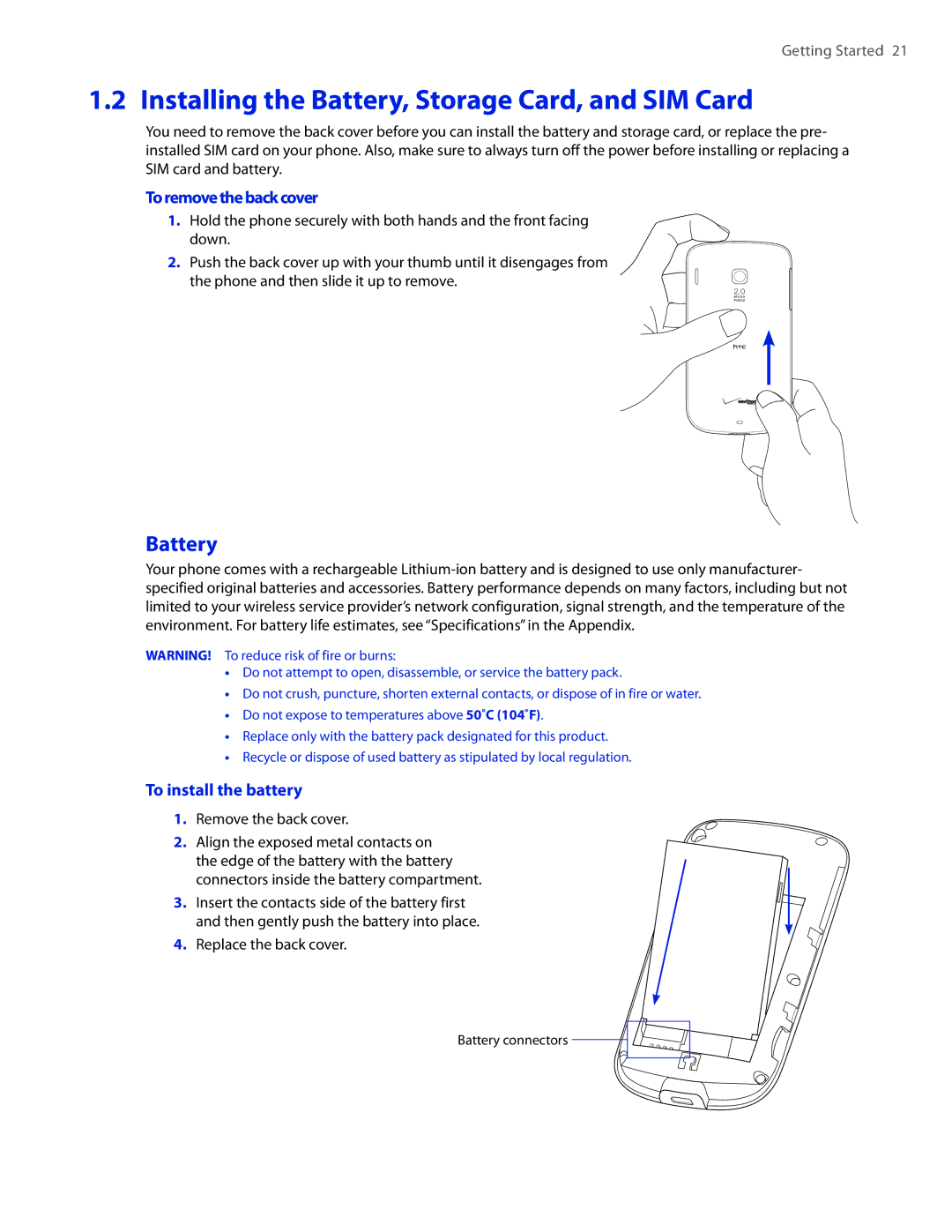 HTC CEDA100 user manual Installing the Battery, Storage Card, and SIM Card, Toremovethebackcover, To install the battery 