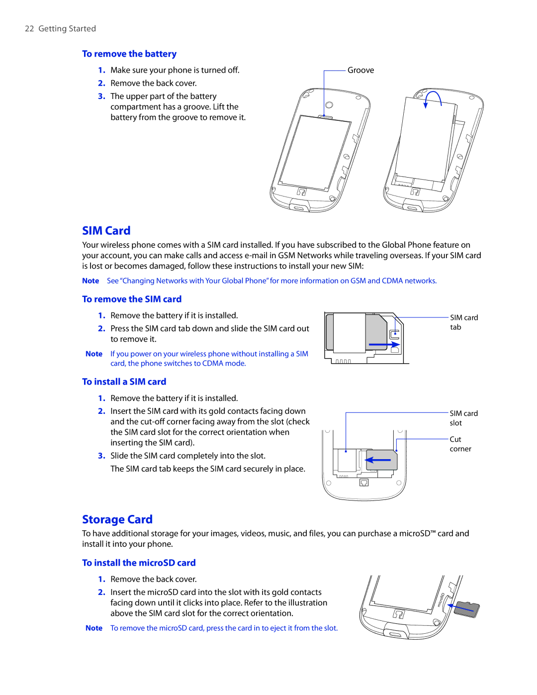 HTC CEDA100 user manual SIM Card, Storage Card 