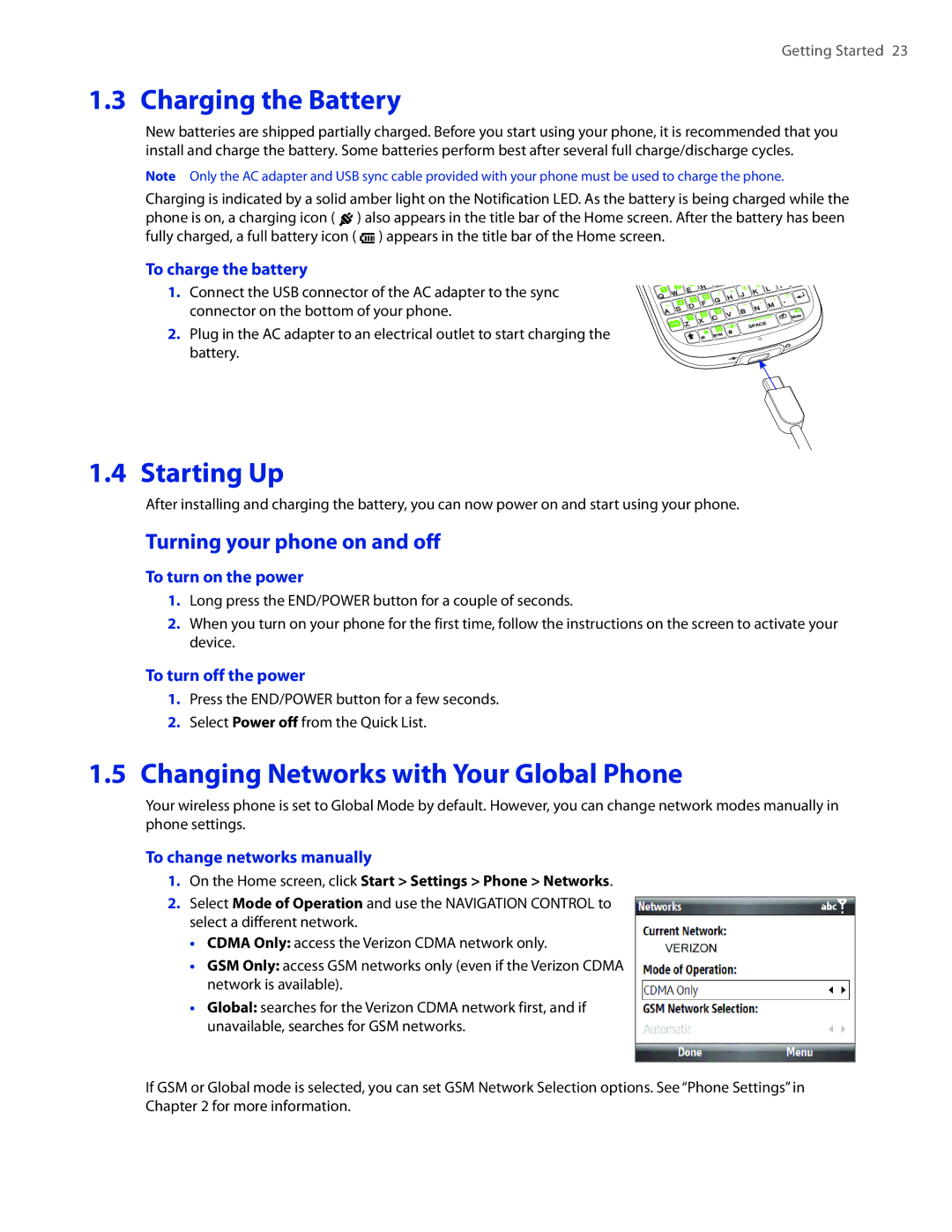 HTC CEDA100 Charging the Battery, Starting Up, Changing Networks with Your Global Phone, Turning your phone on and off 