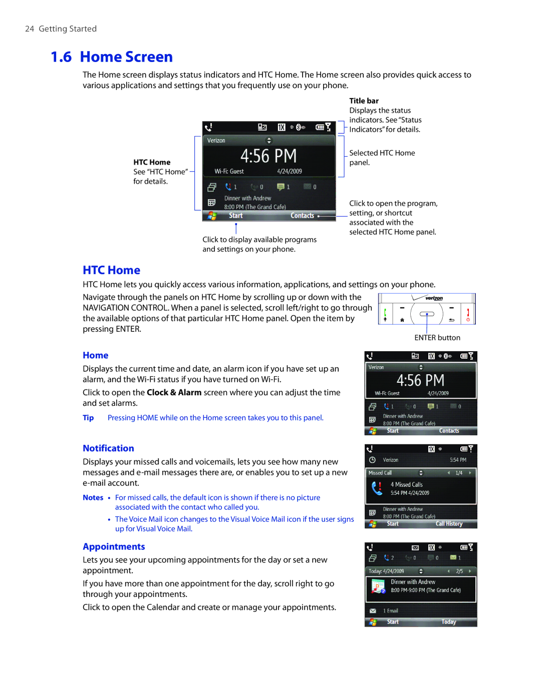 HTC CEDA100 user manual Home Screen, HTC Home, Notification, Appointments 