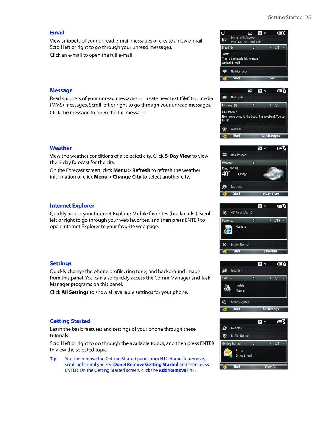 HTC CEDA100 user manual Message, Weather, Internet Explorer, Settings, Getting Started 