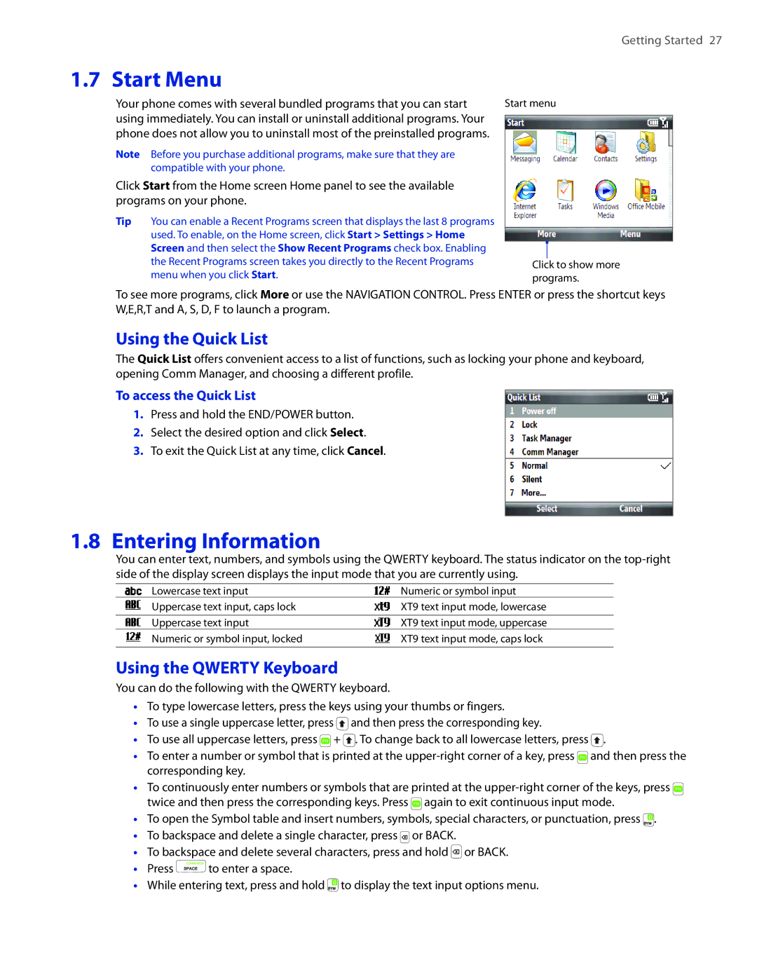 HTC CEDA100 Start Menu, Entering Information, Using the Quick List, Using the Qwerty Keyboard, To access the Quick List 