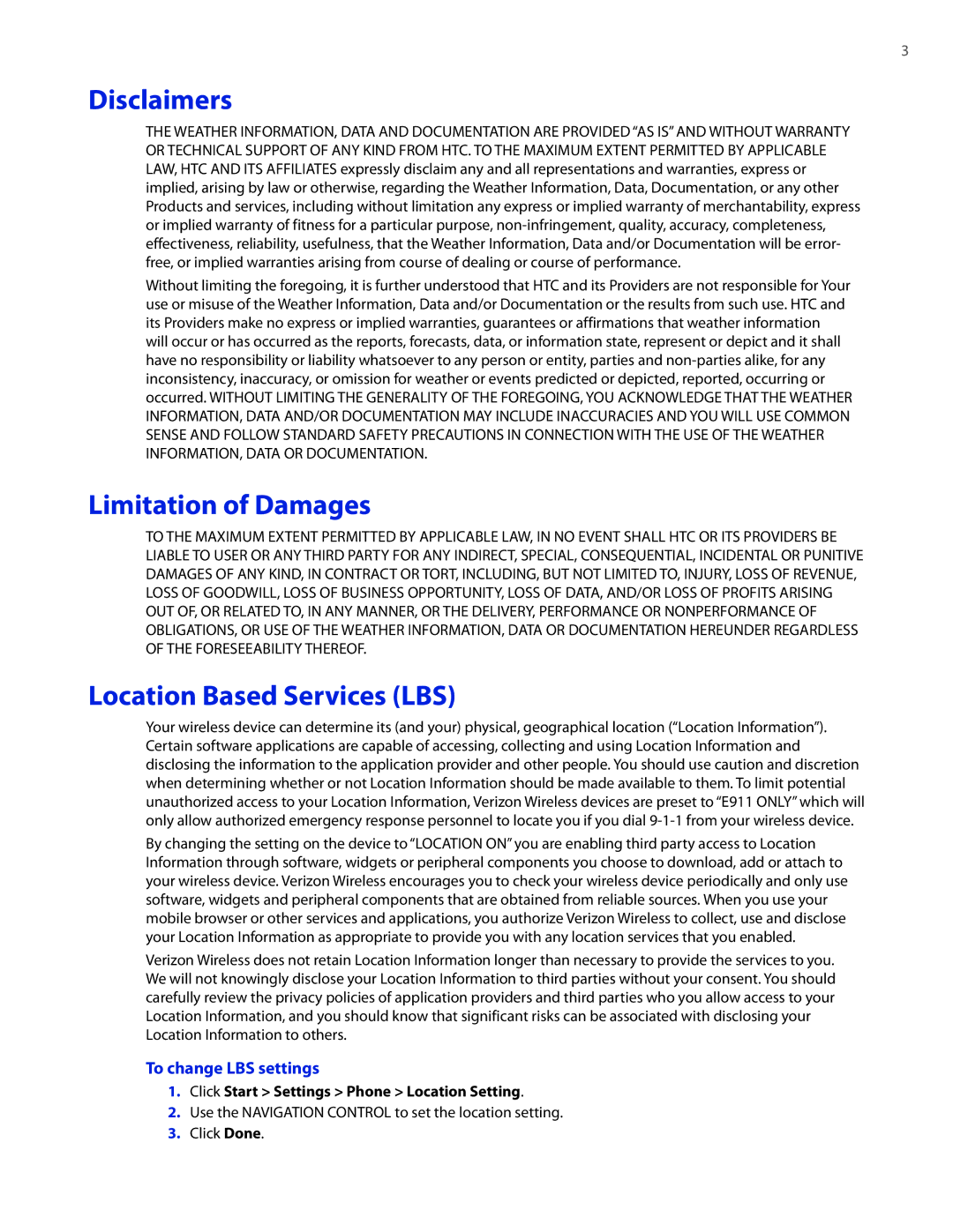 HTC CEDA100 user manual Disclaimers, Limitation of Damages, Location Based Services LBS, To change LBS settings 