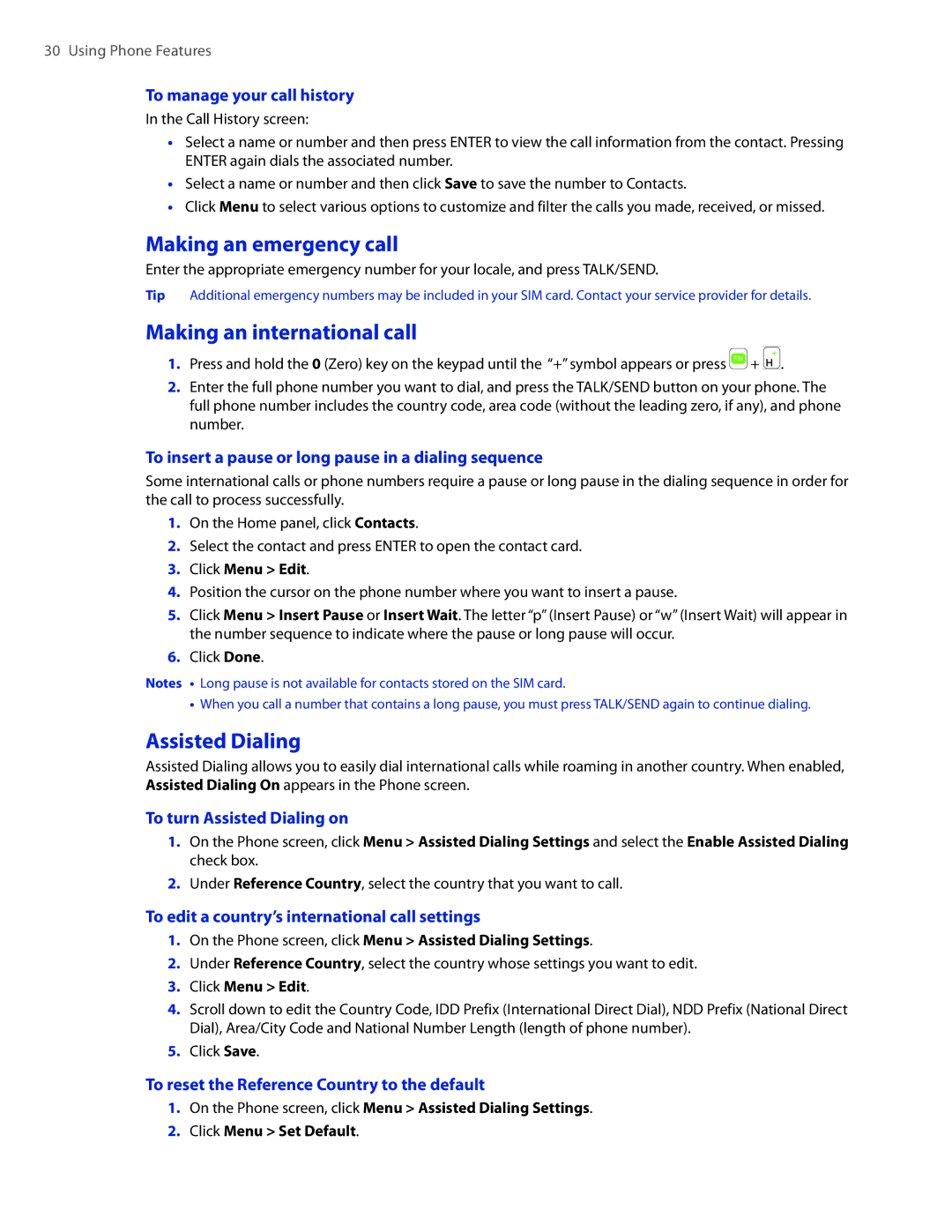 HTC CEDA100 user manual Making an emergency call, Making an international call, Assisted Dialing 