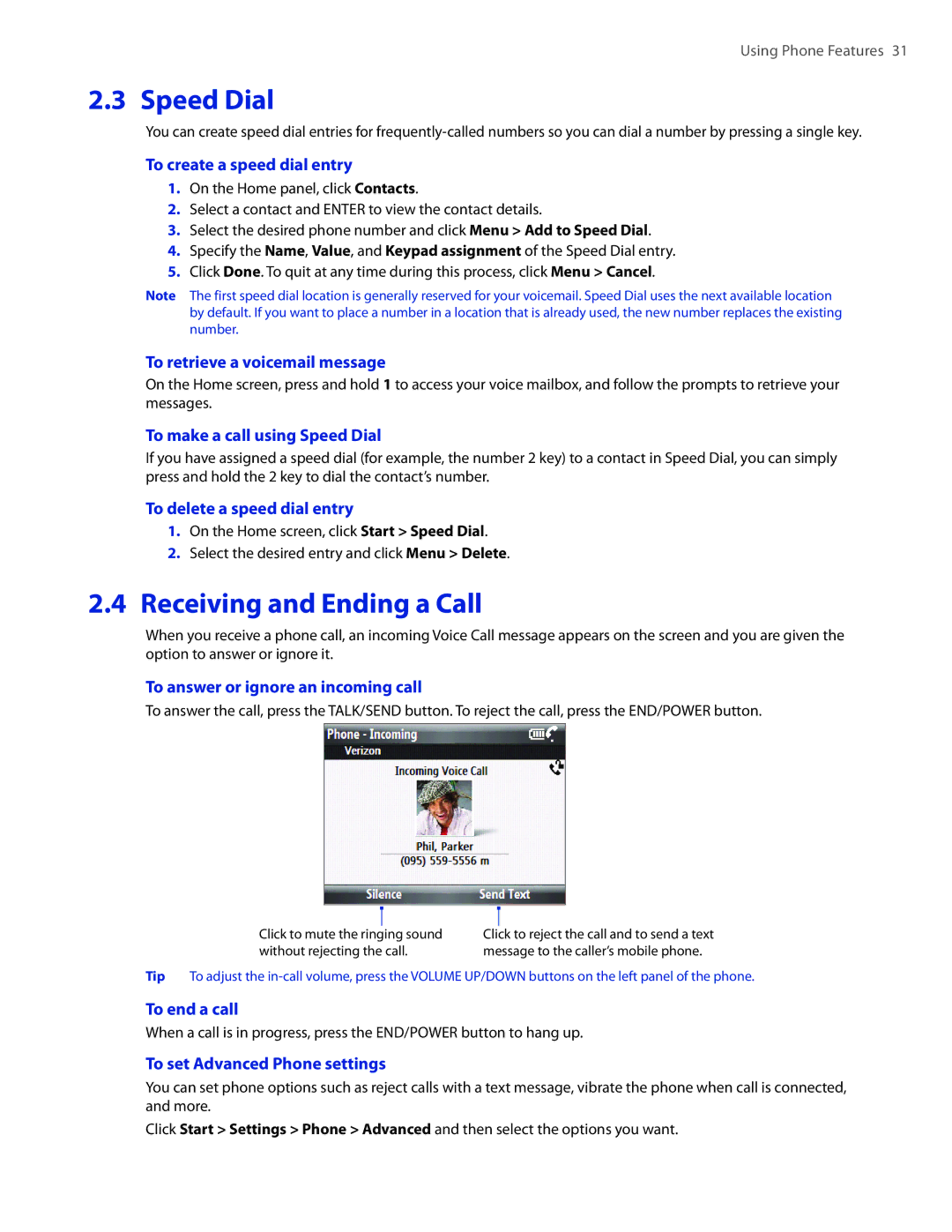 HTC CEDA100 user manual Speed Dial, Receiving and Ending a Call 