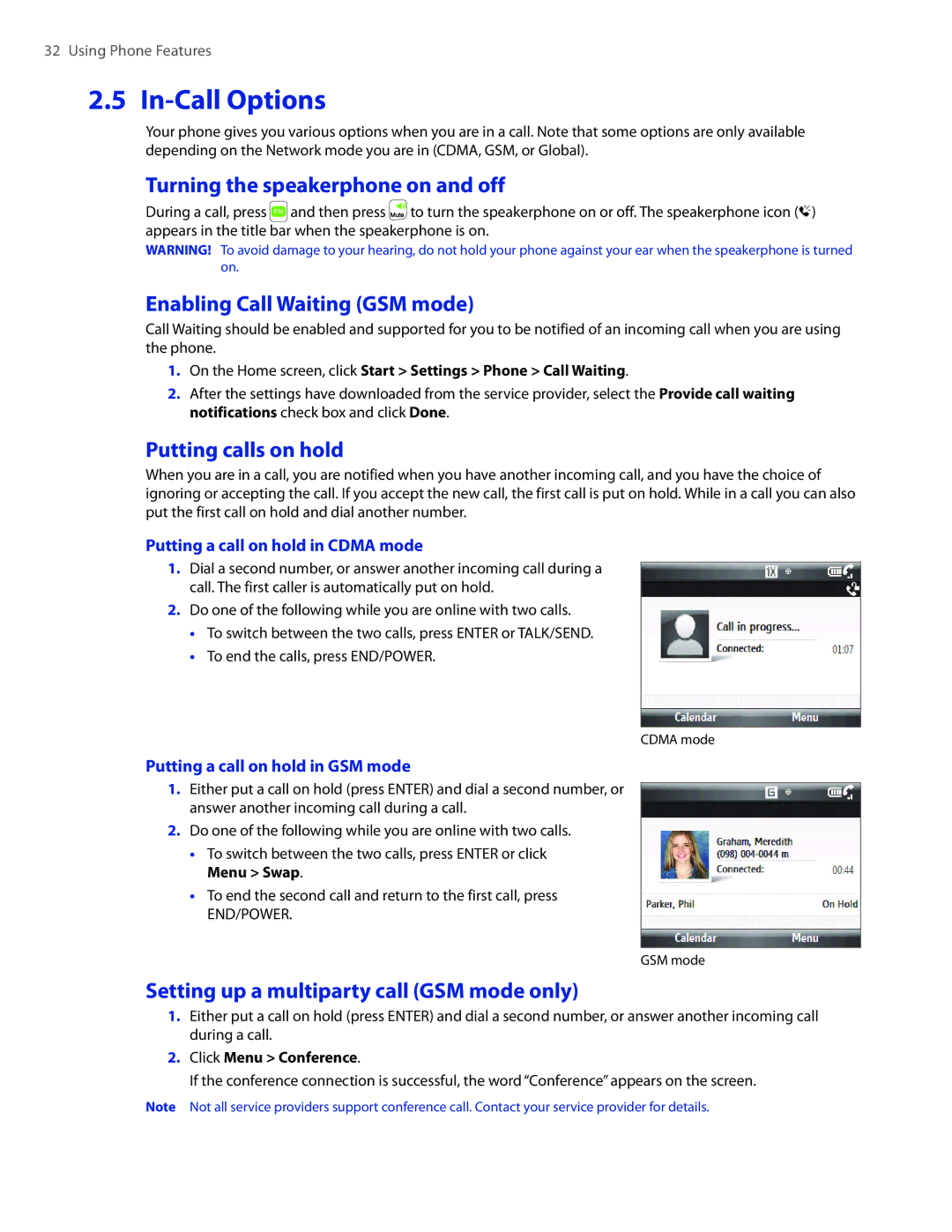 HTC CEDA100 In-Call Options, Turning the speakerphone on and off, Enabling Call Waiting GSM mode, Putting calls on hold 