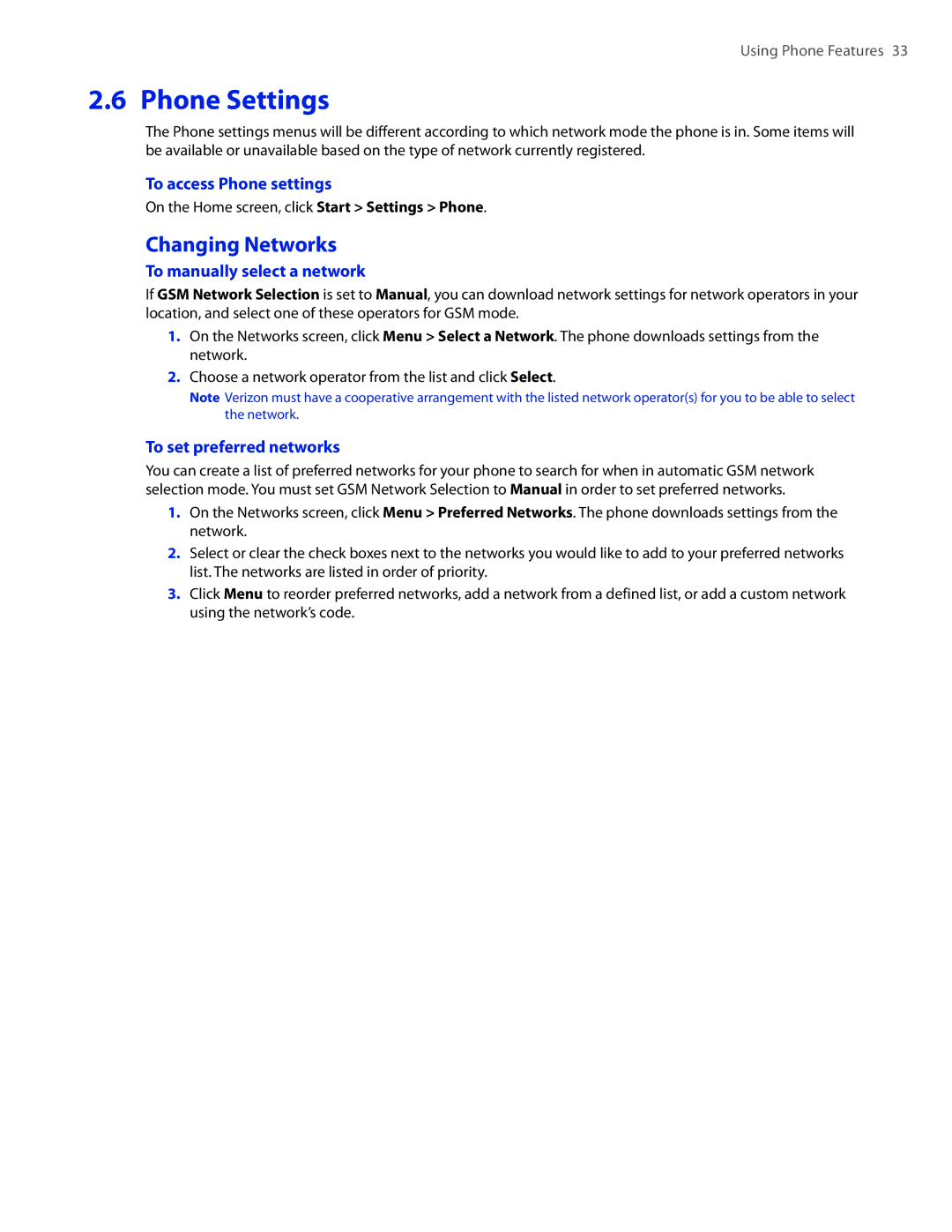 HTC CEDA100 user manual Phone Settings, Changing Networks, To access Phone settings, To manually select a network 