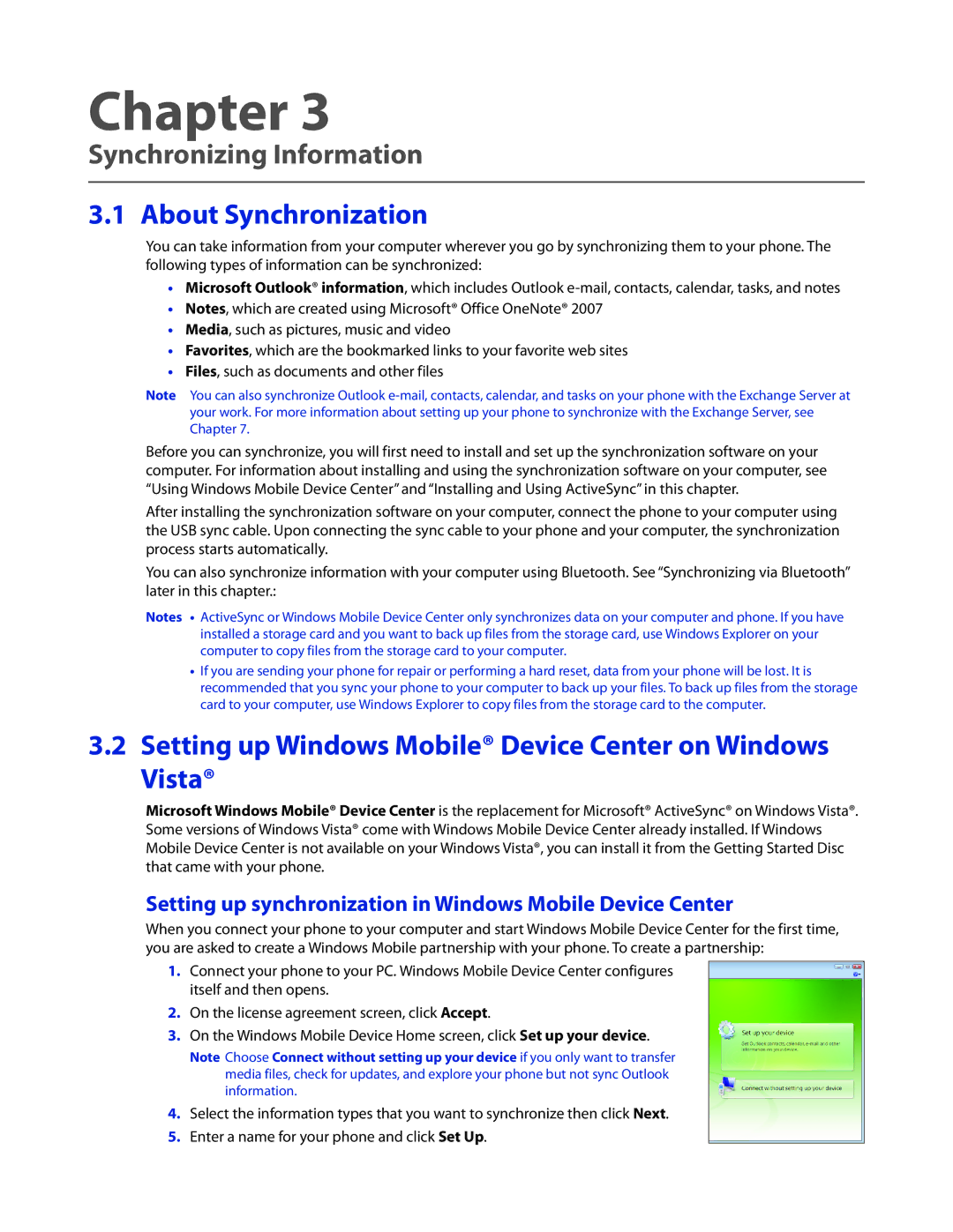 HTC CEDA100 Synchronizing Information, About Synchronization, Setting up Windows Mobile Device Center on Windows Vista 