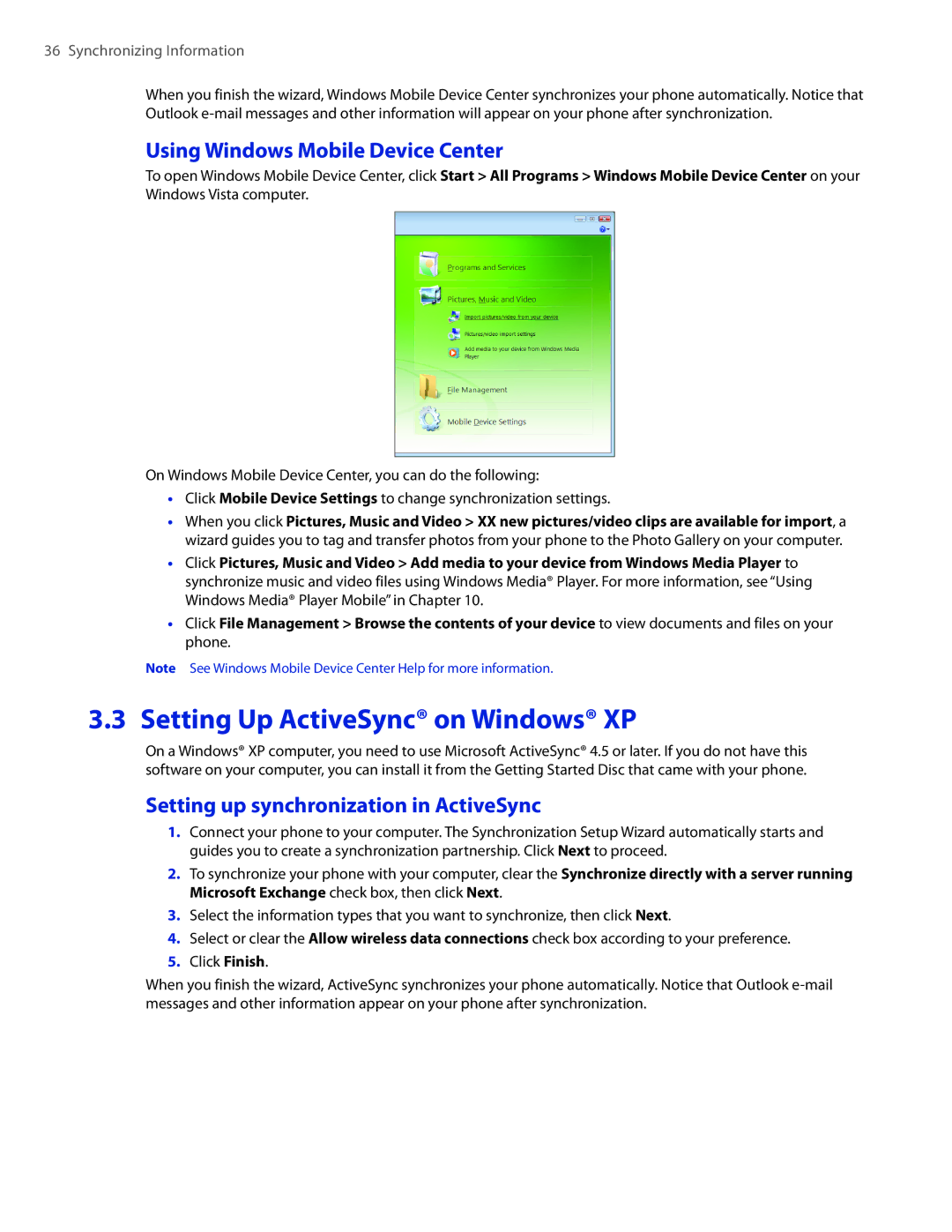 HTC CEDA100 user manual Setting Up ActiveSync on Windows XP, Using Windows Mobile Device Center 