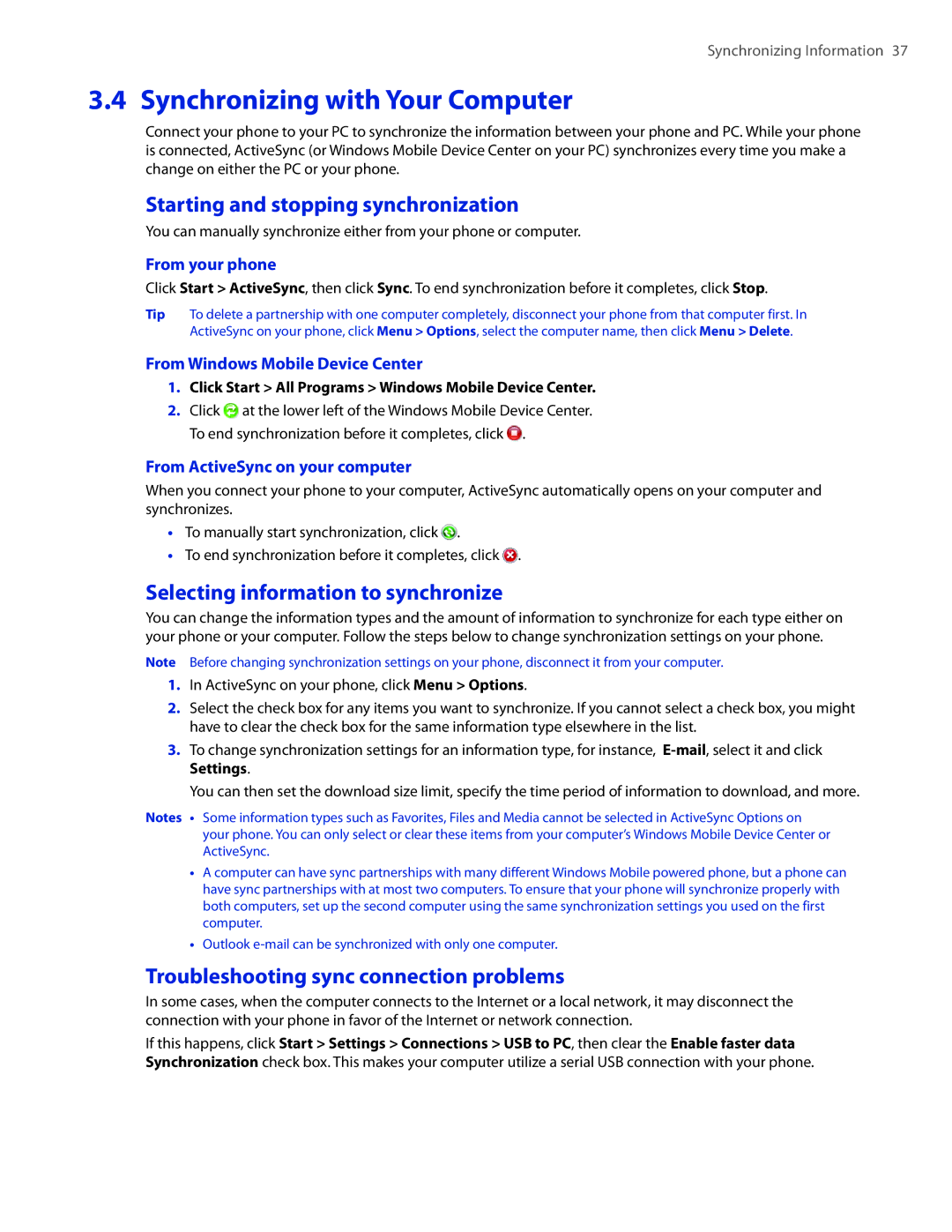 HTC CEDA100 Synchronizing with Your Computer, Starting and stopping synchronization, Selecting information to synchronize 