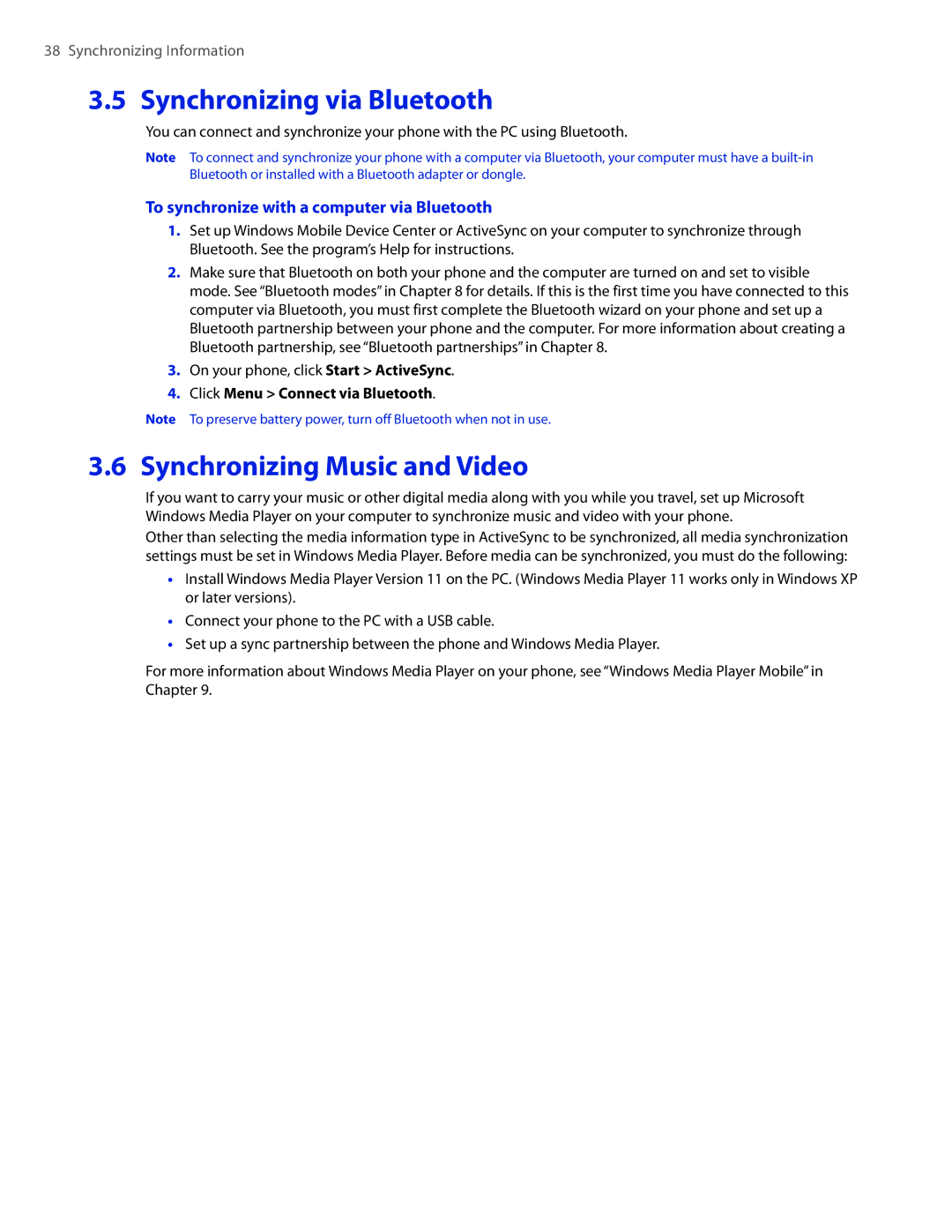 HTC CEDA100 Synchronizing via Bluetooth, Synchronizing Music and Video, To synchronize with a computer via Bluetooth 