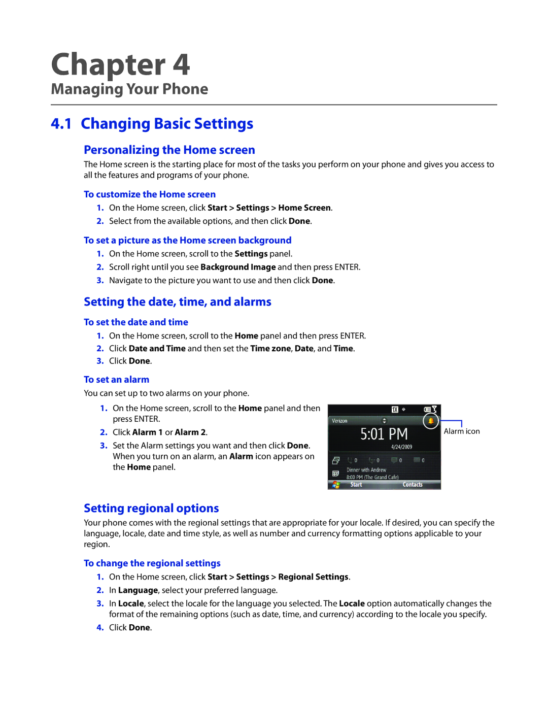 HTC CEDA100 Managing Your Phone, Changing Basic Settings, Personalizing the Home screen, Setting regional options 