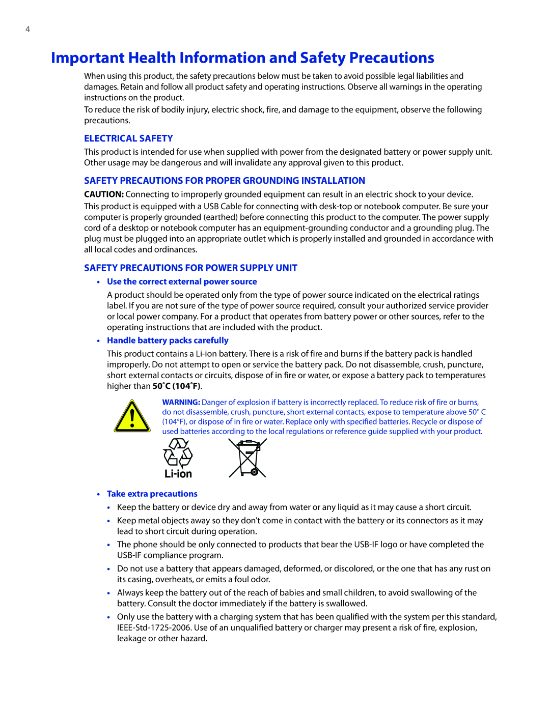 HTC CEDA100 user manual Important Health Information and Safety Precautions, Electrical Safety 