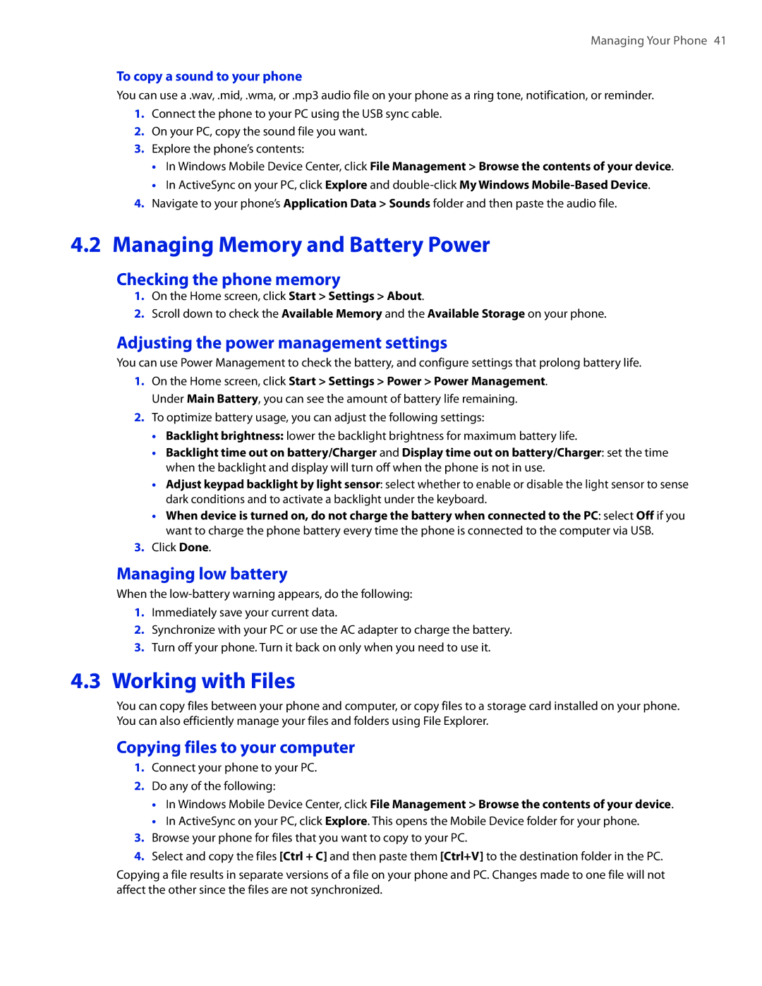 HTC CEDA100 user manual Managing Memory and Battery Power, Working with Files 