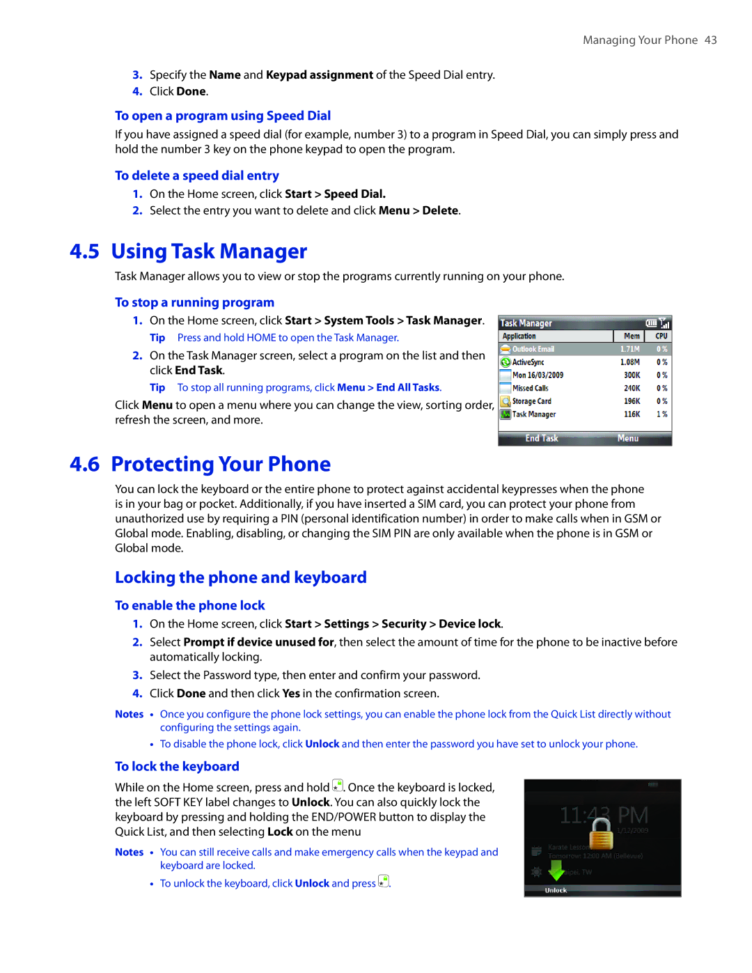 HTC CEDA100 user manual Using Task Manager, Protecting Your Phone, Locking the phone and keyboard 