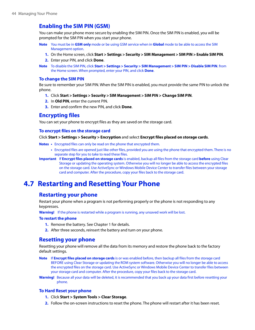 HTC CEDA100 Restarting and Resetting Your Phone, Enabling the SIM PIN GSM, Encrypting files, Restarting your phone 