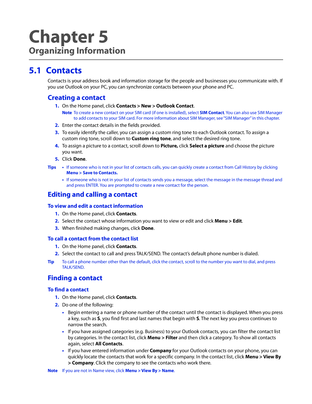 HTC CEDA100 Organizing Information, Contacts, Creating a contact, Editing and calling a contact, Finding a contact 