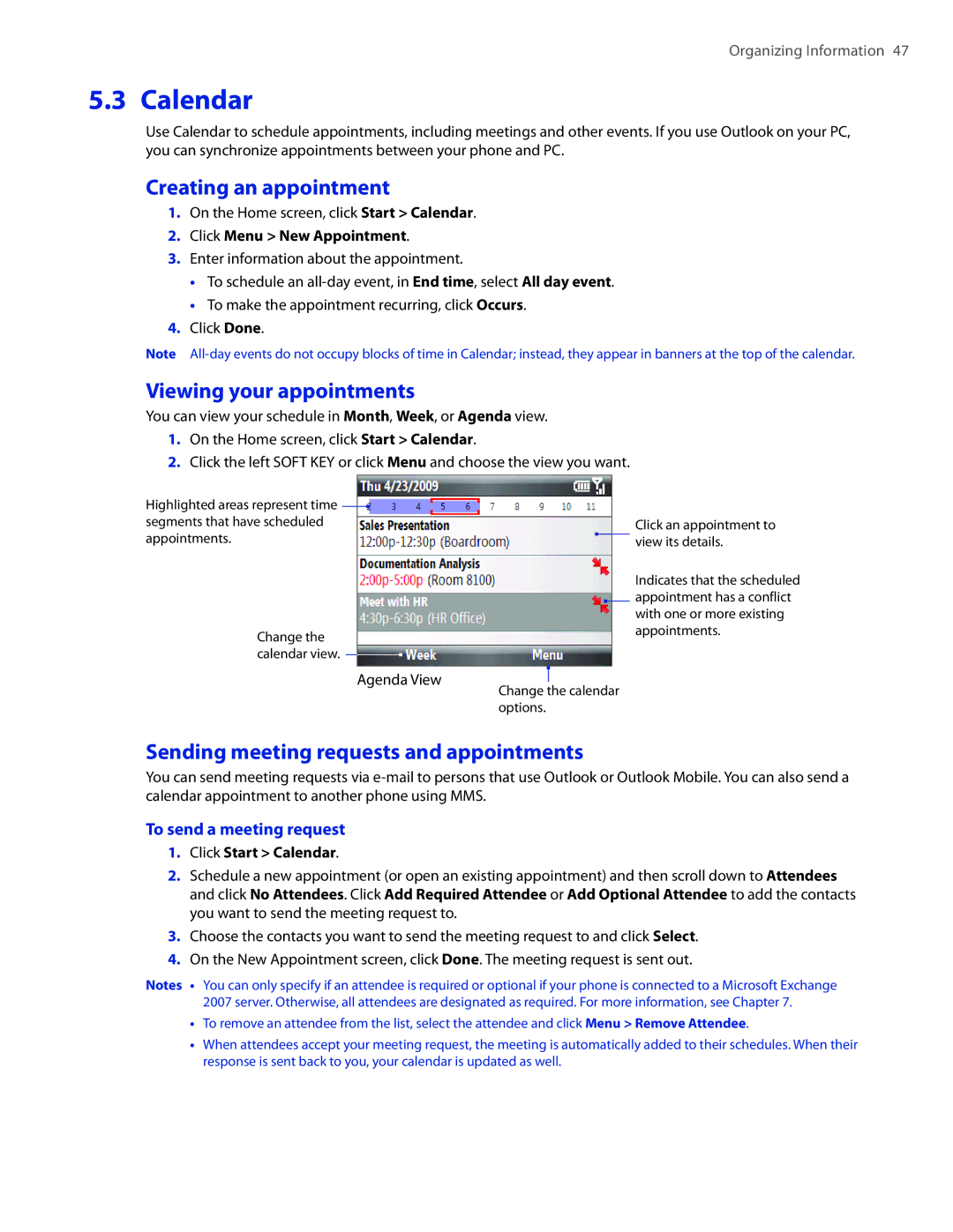 HTC CEDA100 Calendar, Creating an appointment, Viewing your appointments, Sending meeting requests and appointments 