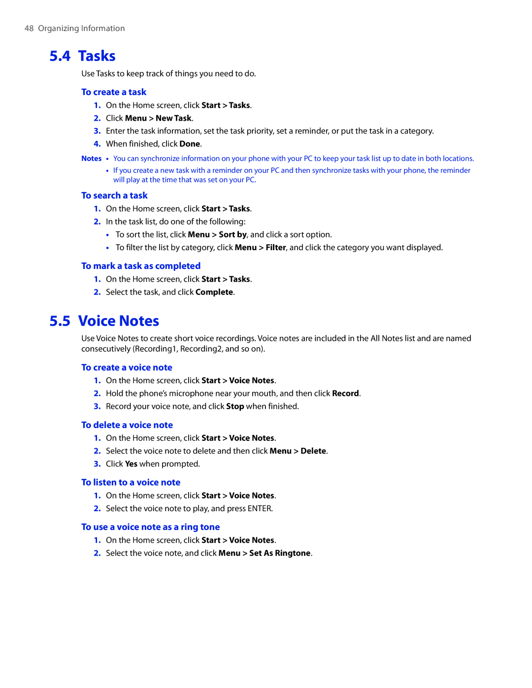 HTC CEDA100 user manual Tasks, Voice Notes 