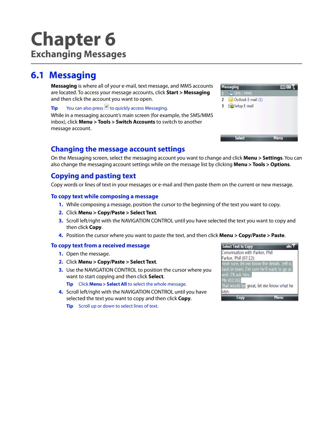 HTC CEDA100 user manual Exchanging Messages, Messaging, Changing the message account settings, Copying and pasting text 