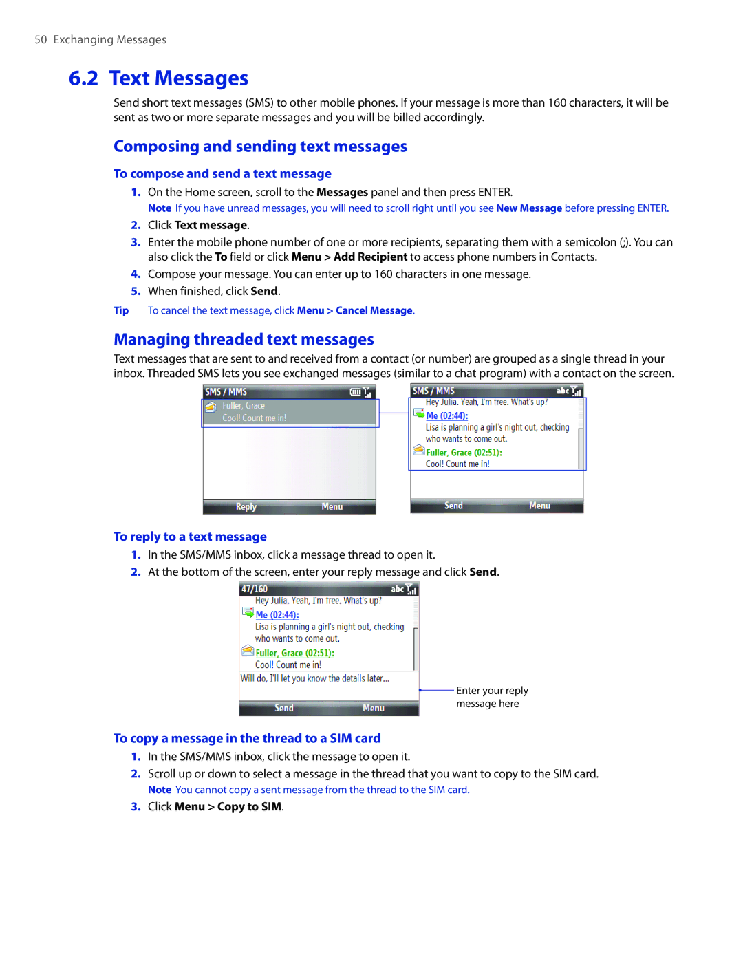 HTC CEDA100 user manual Text Messages, Composing and sending text messages, Managing threaded text messages 