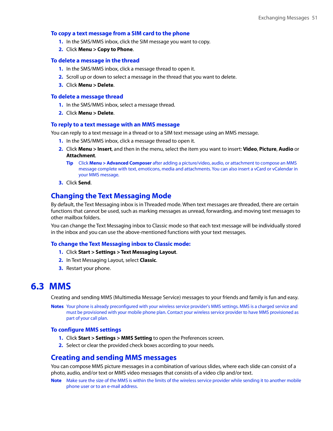 HTC CEDA100 user manual Mms, Changing the Text Messaging Mode, Creating and sending MMS messages 