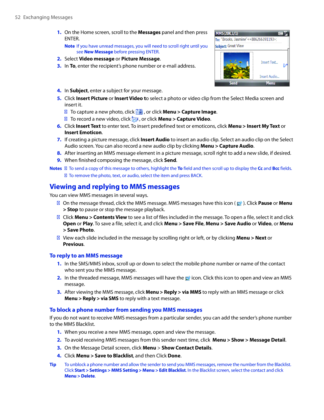 HTC CEDA100 user manual Viewing and replying to MMS messages, To reply to an MMS message 