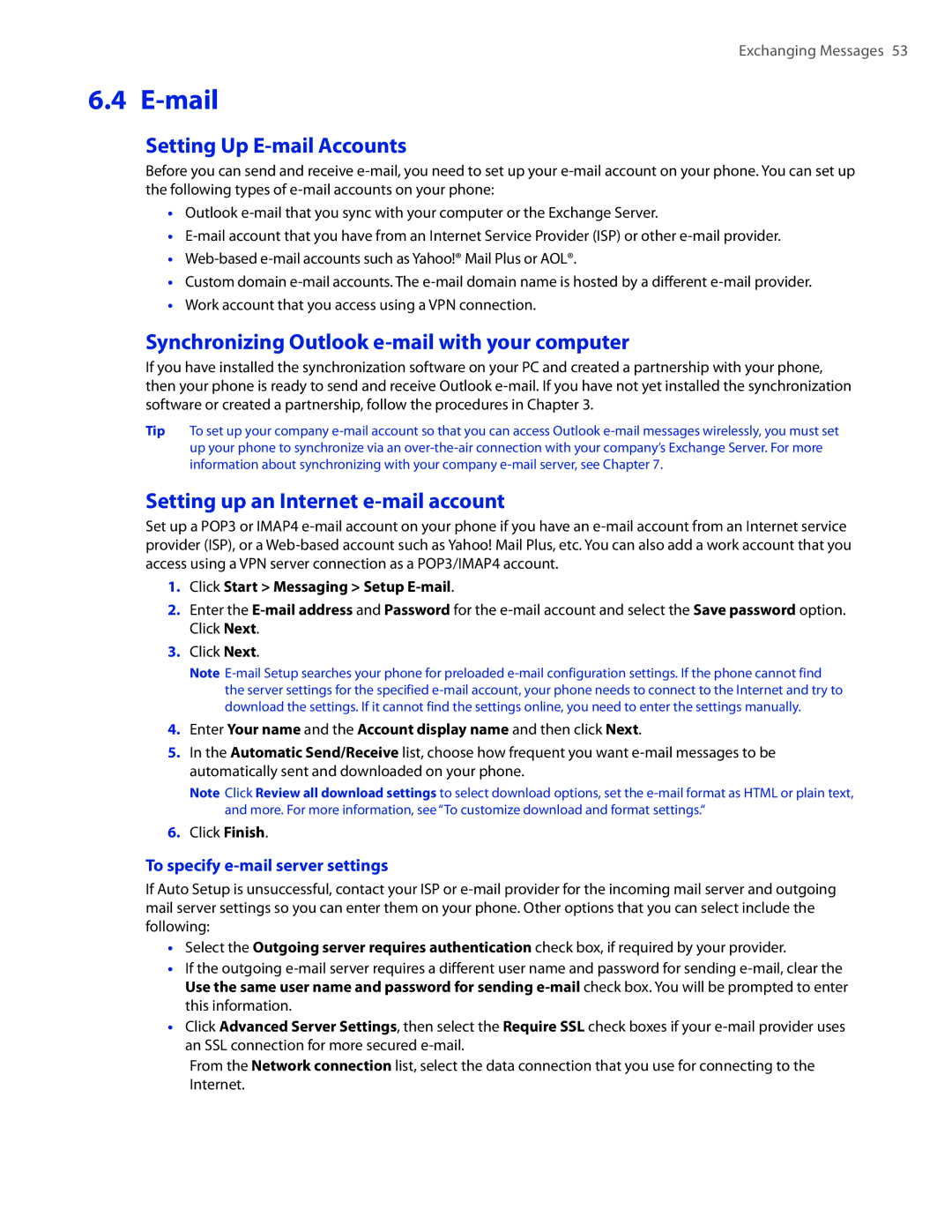 HTC CEDA100 user manual Mail, Setting Up E-mail Accounts, Synchronizing Outlook e-mail with your computer 