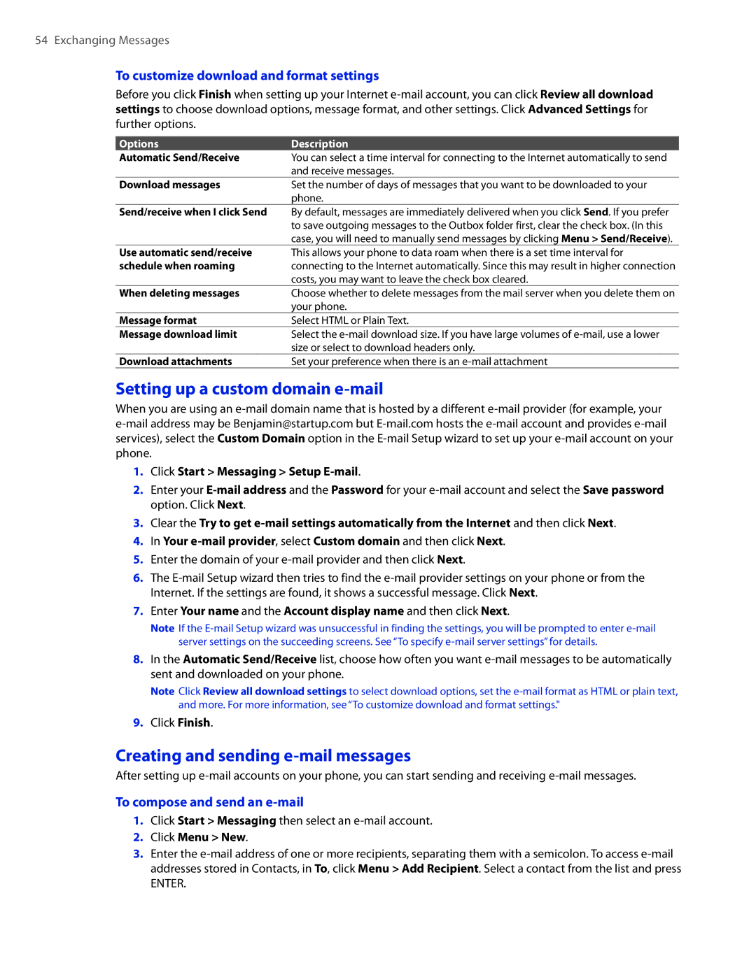 HTC CEDA100 Setting up a custom domain e-mail, Creating and sending e-mail messages, To compose and send an e-mail 