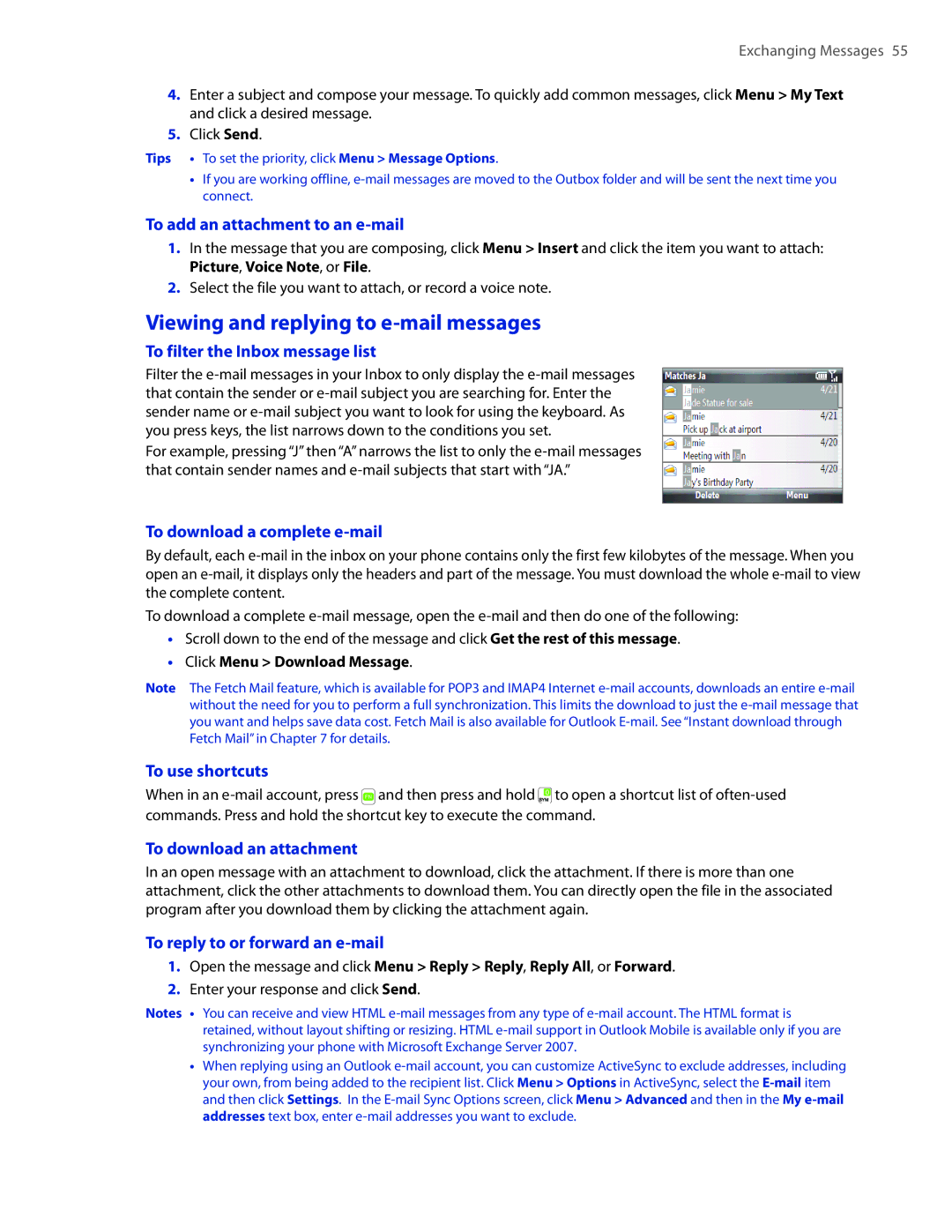 HTC CEDA100 user manual Viewing and replying to e-mail messages 