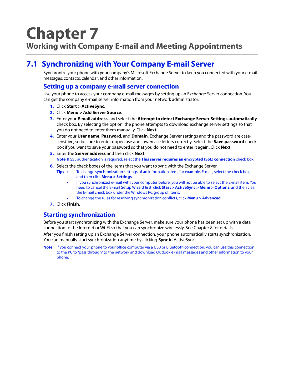 HTC CEDA100 user manual Working with Company E-mail and Meeting Appointments, Synchronizing with Your Company E-mail Server 