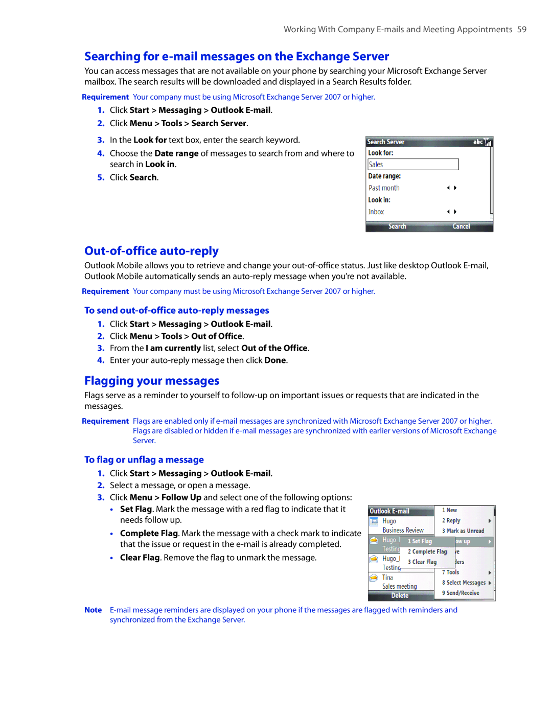 HTC CEDA100 Searching for e-mail messages on the Exchange Server, Out-of-office auto-reply, Flagging your messages 