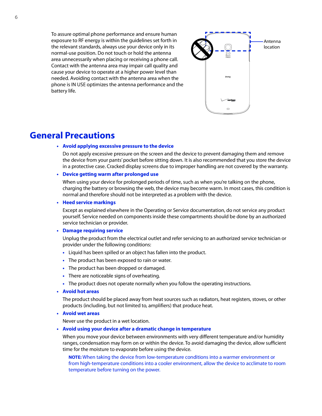 HTC CEDA100 user manual General Precautions, Avoid applying excessive pressure to the device 