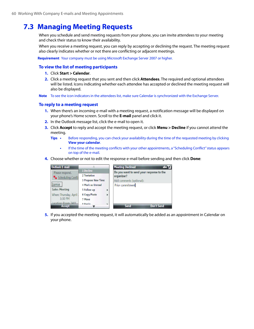 HTC CEDA100 user manual Managing Meeting Requests, To view the list of meeting participants, To reply to a meeting request 