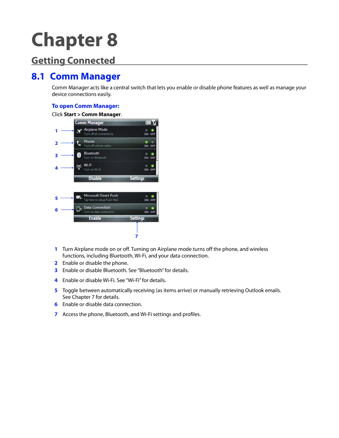 HTC CEDA100 user manual Getting Connected, To open Comm Manager 