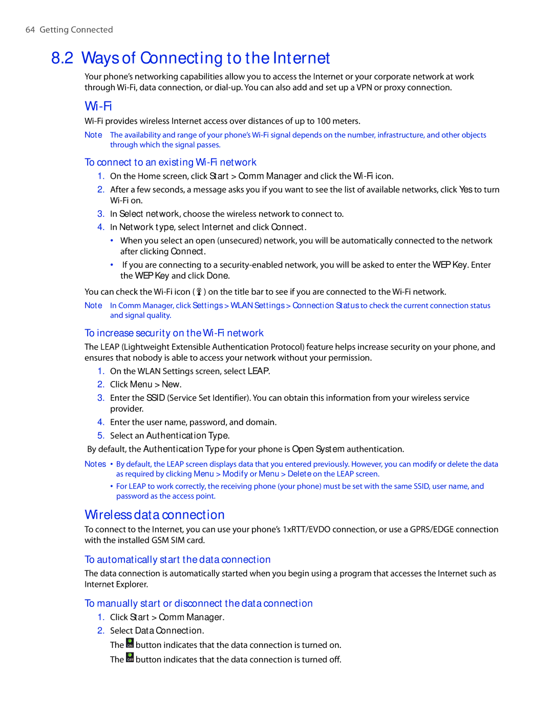 HTC CEDA100 user manual Ways of Connecting to the Internet, Wi-Fi, Wireless data connection 