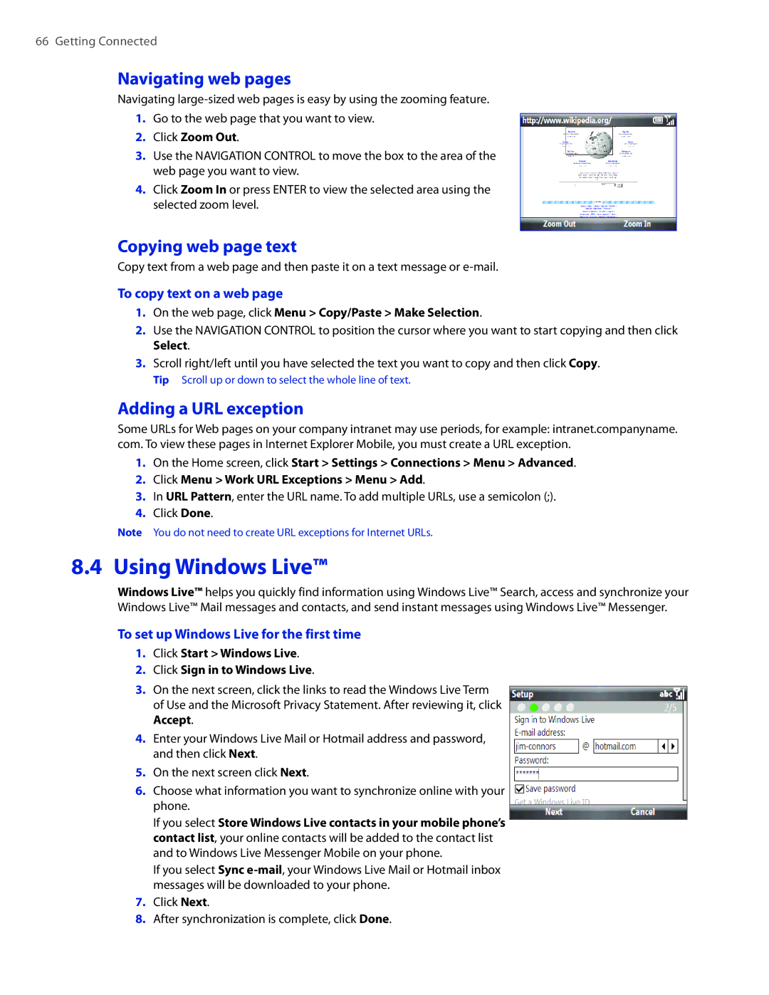 HTC CEDA100 user manual Using Windows Live, Navigating web pages, Copying web page text, Adding a URL exception 