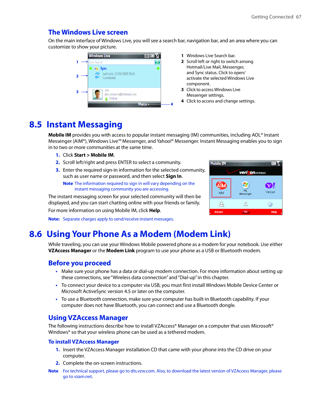 HTC CEDA100 user manual Instant Messaging, Using Your Phone As a Modem Modem Link, Windows Live screen, Before you proceed 