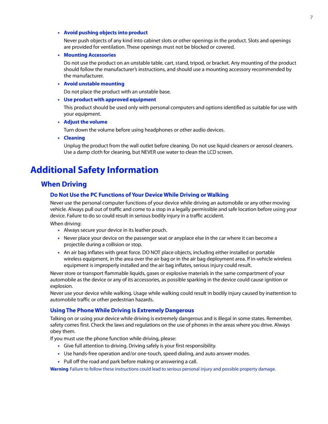 HTC CEDA100 user manual Additional Safety Information, When Driving, Using The Phone While Driving Is Extremely Dangerous 