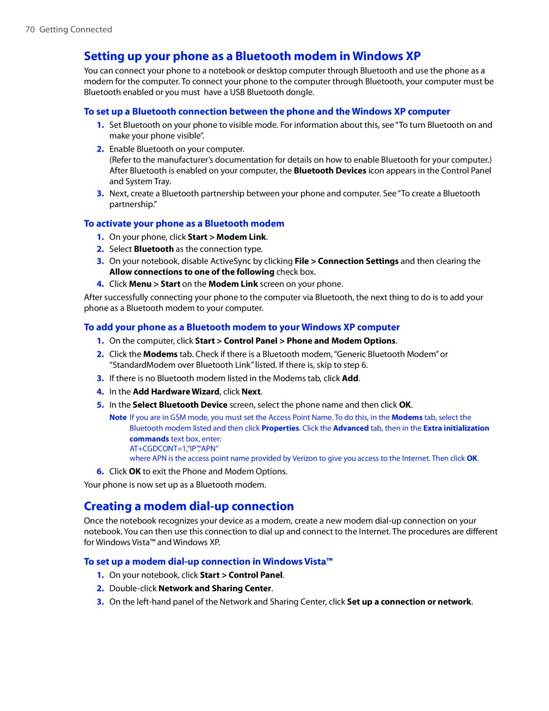 HTC CEDA100 user manual Setting up your phone as a Bluetooth modem in Windows XP, Creating a modem dial-up connection 