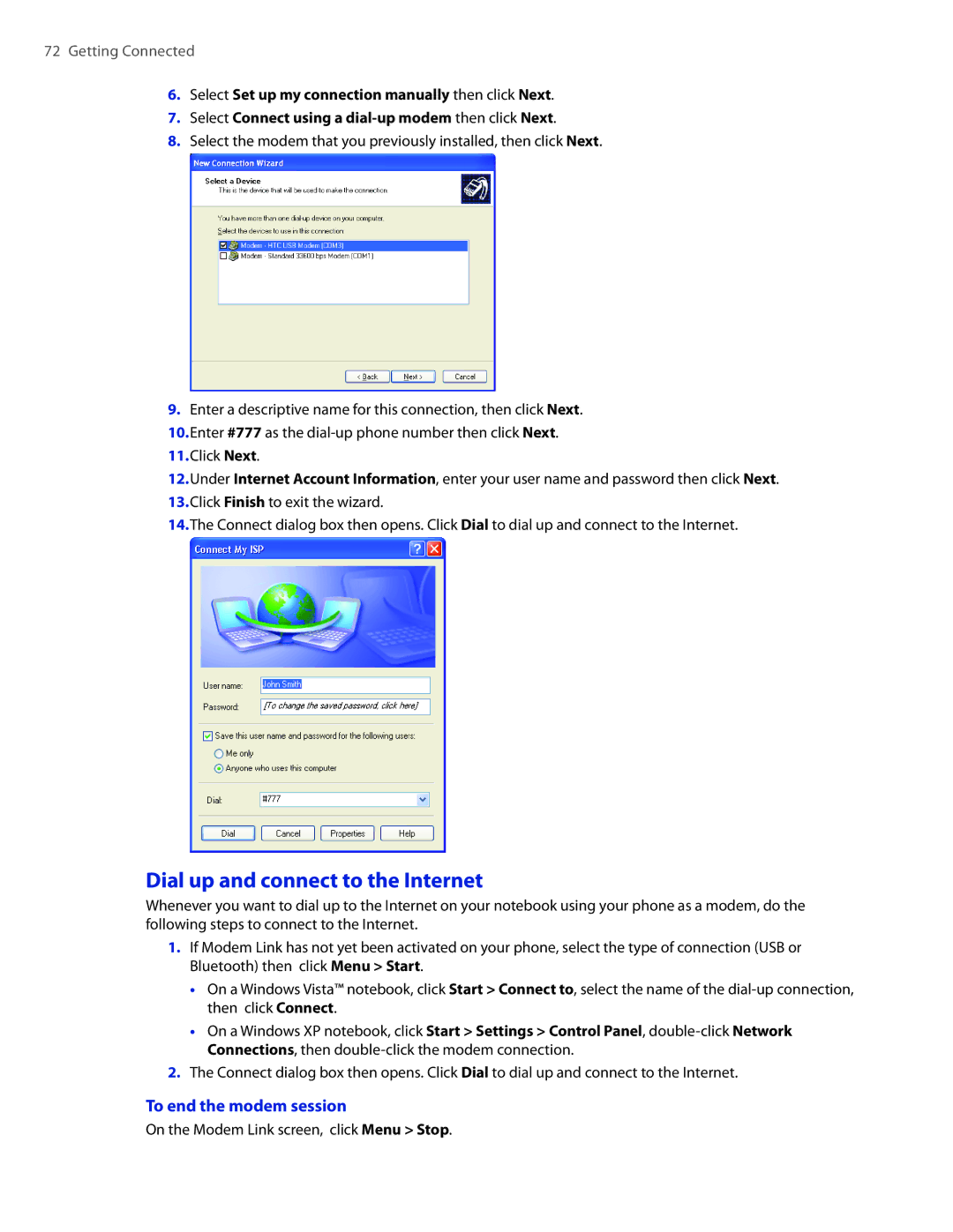 HTC CEDA100 user manual Dial up and connect to the Internet, To end the modem session 